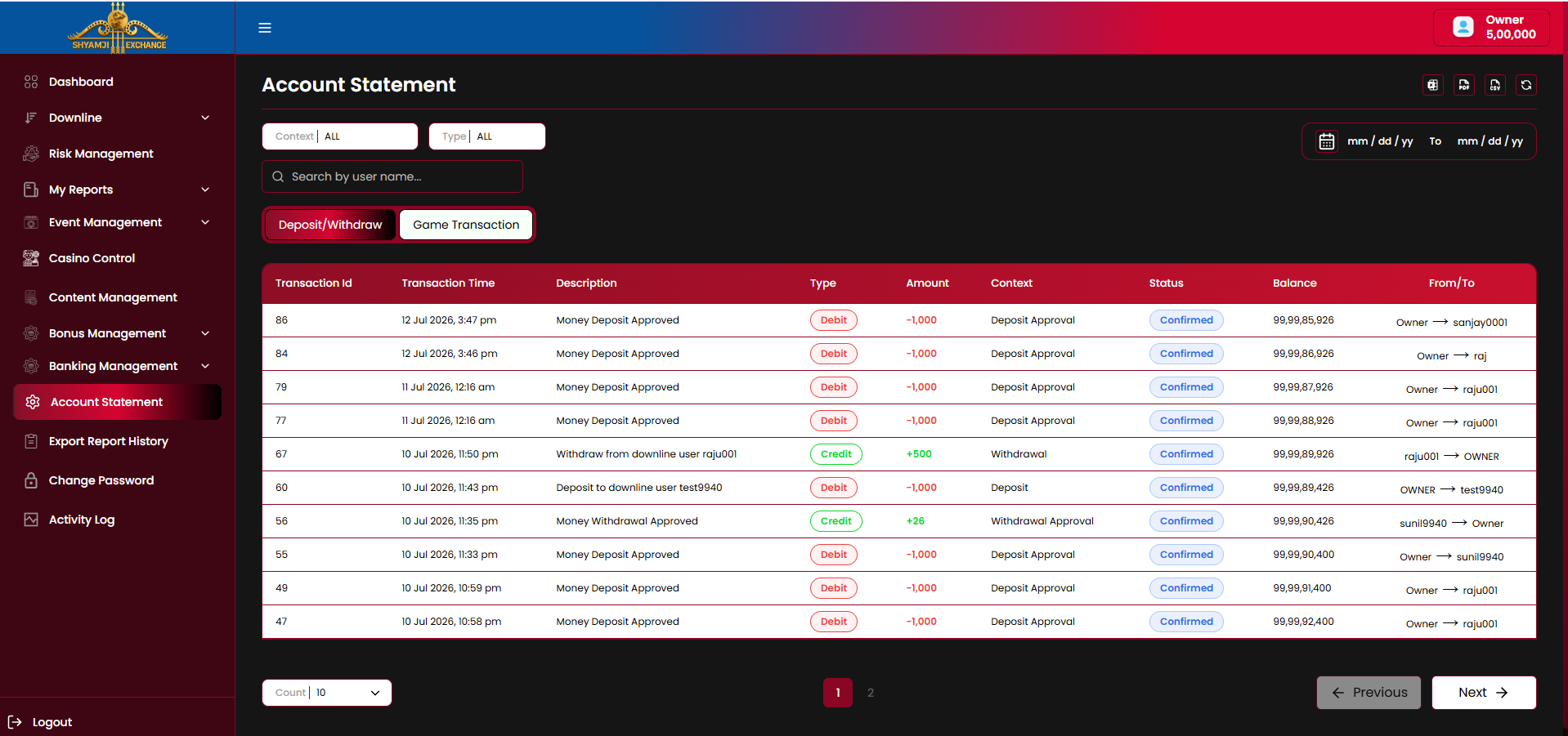 Account Statement — Deposit/Withdraw tab
