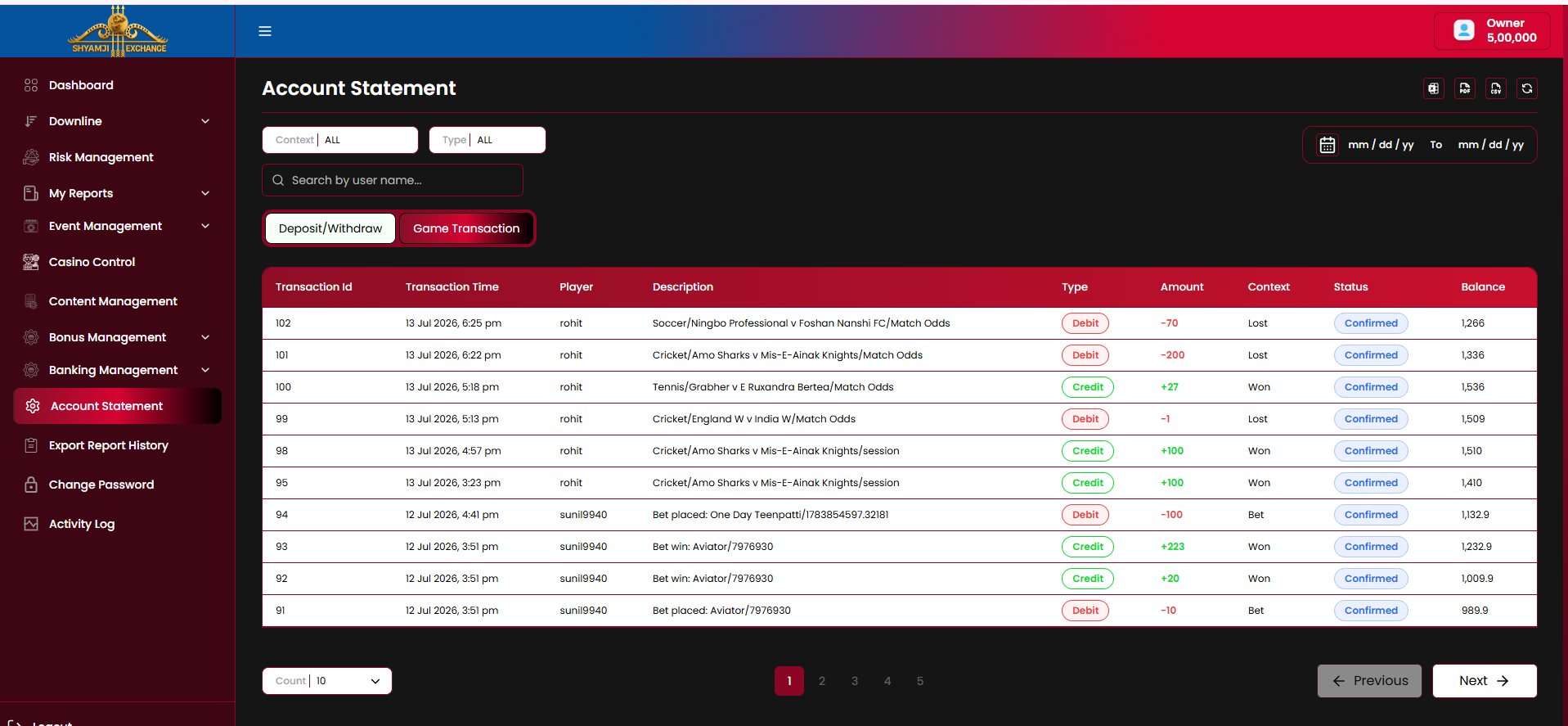 Account Statement — Game Transaction tab