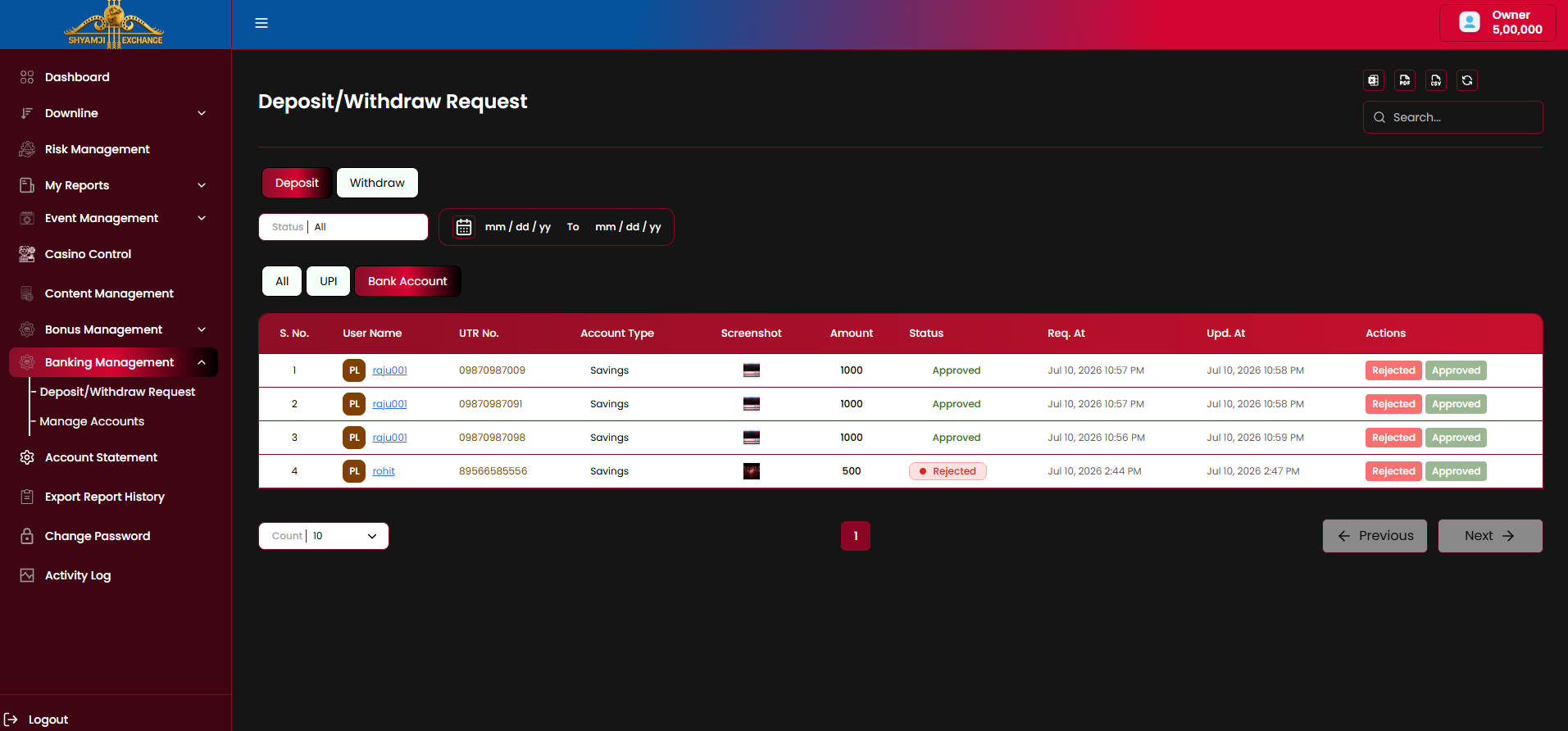 Deposit requests, Bank Account tab