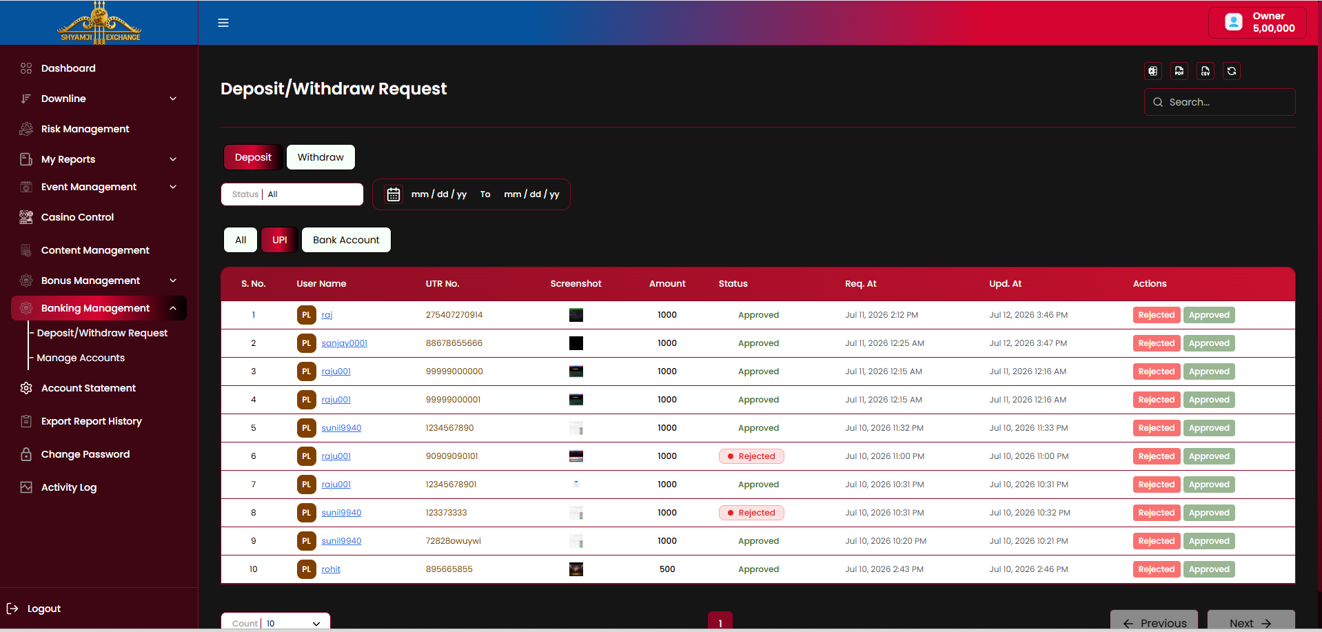 Deposit requests, UPI tab with screenshot column