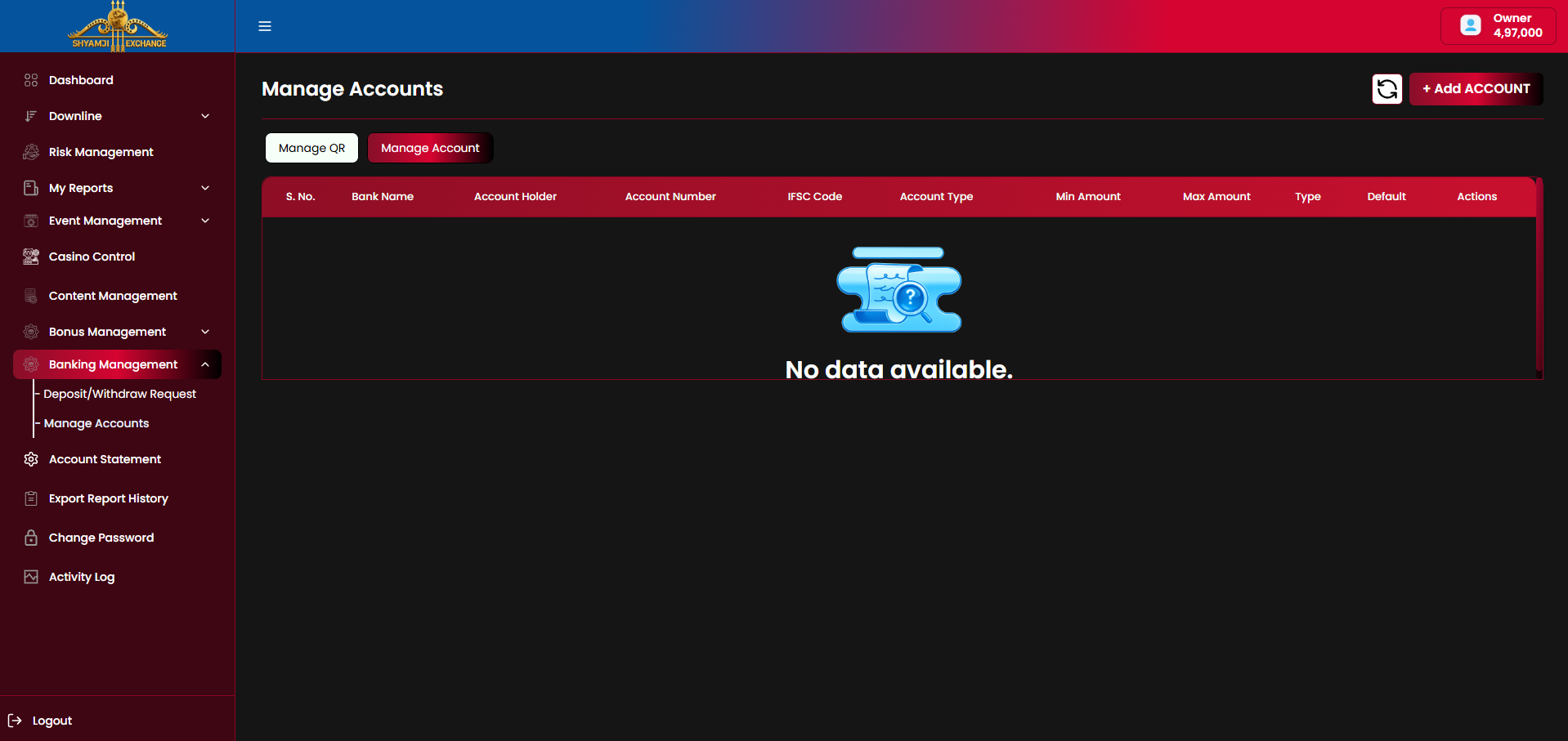 Manage Account tab, empty state