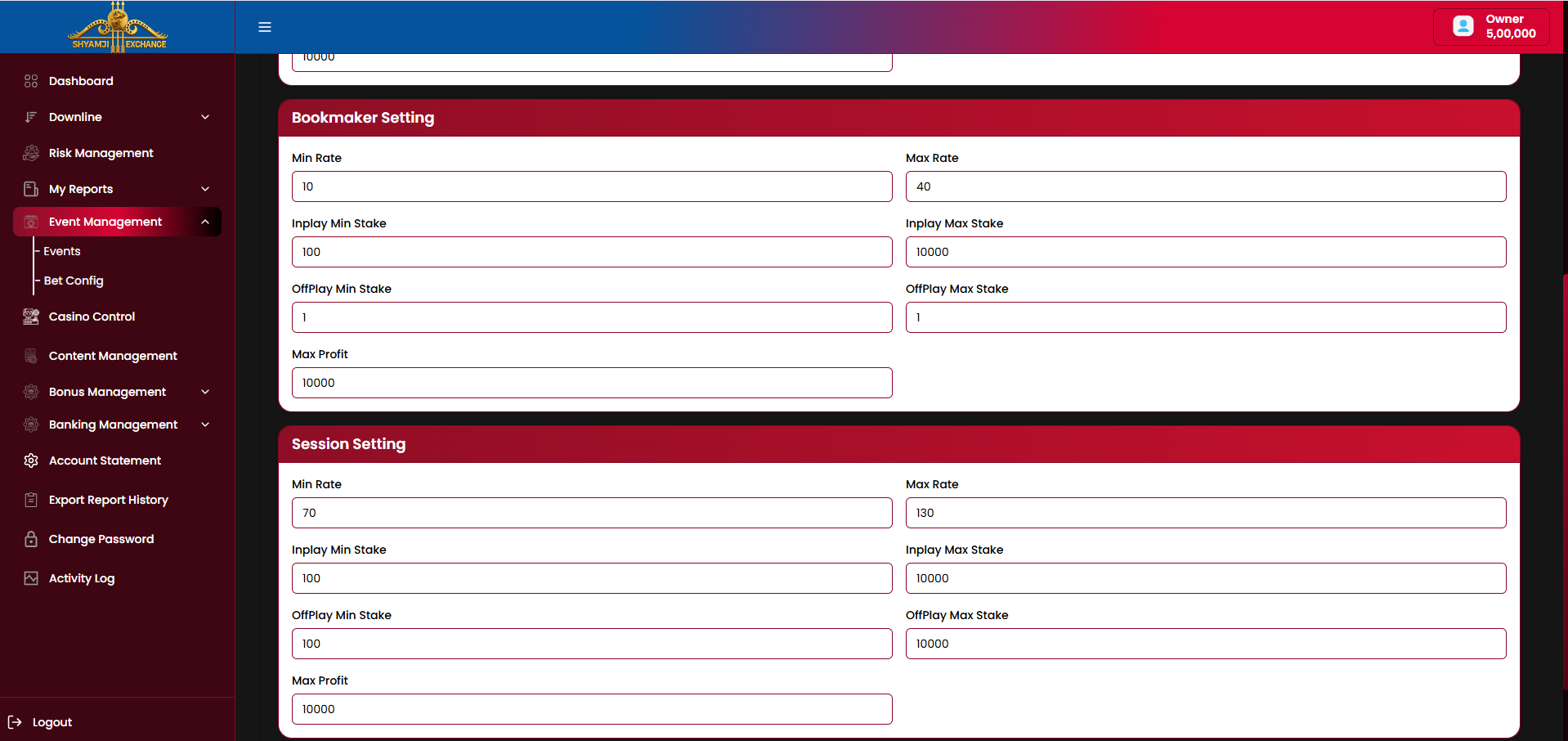 Default Setting — Bookmaker and Session Setting sections