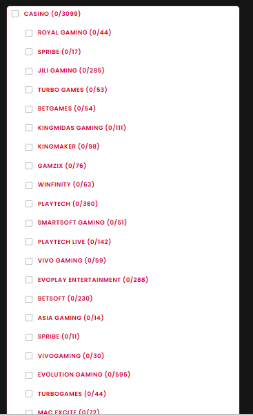 Select Categories — Casino checklist
