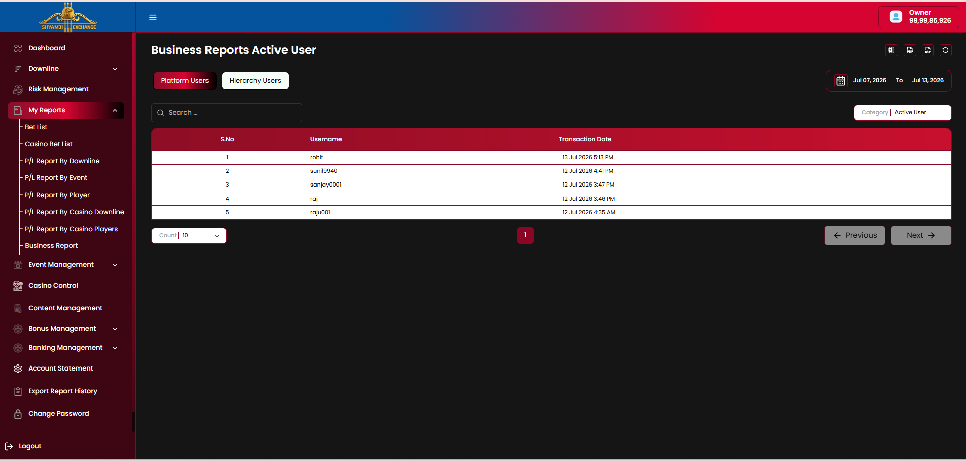 Business Report Active User — Platform