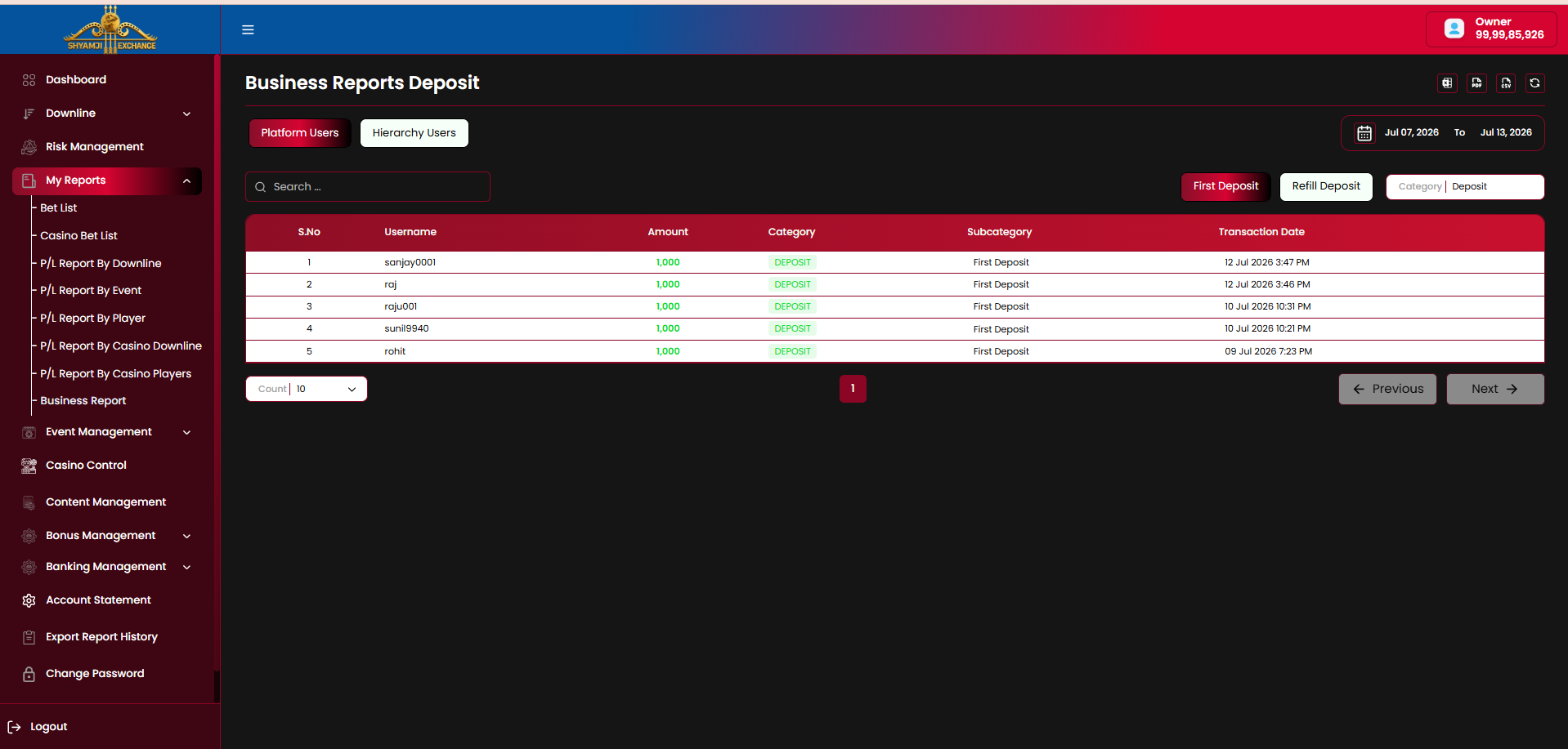 Business Report Deposit — First Deposit