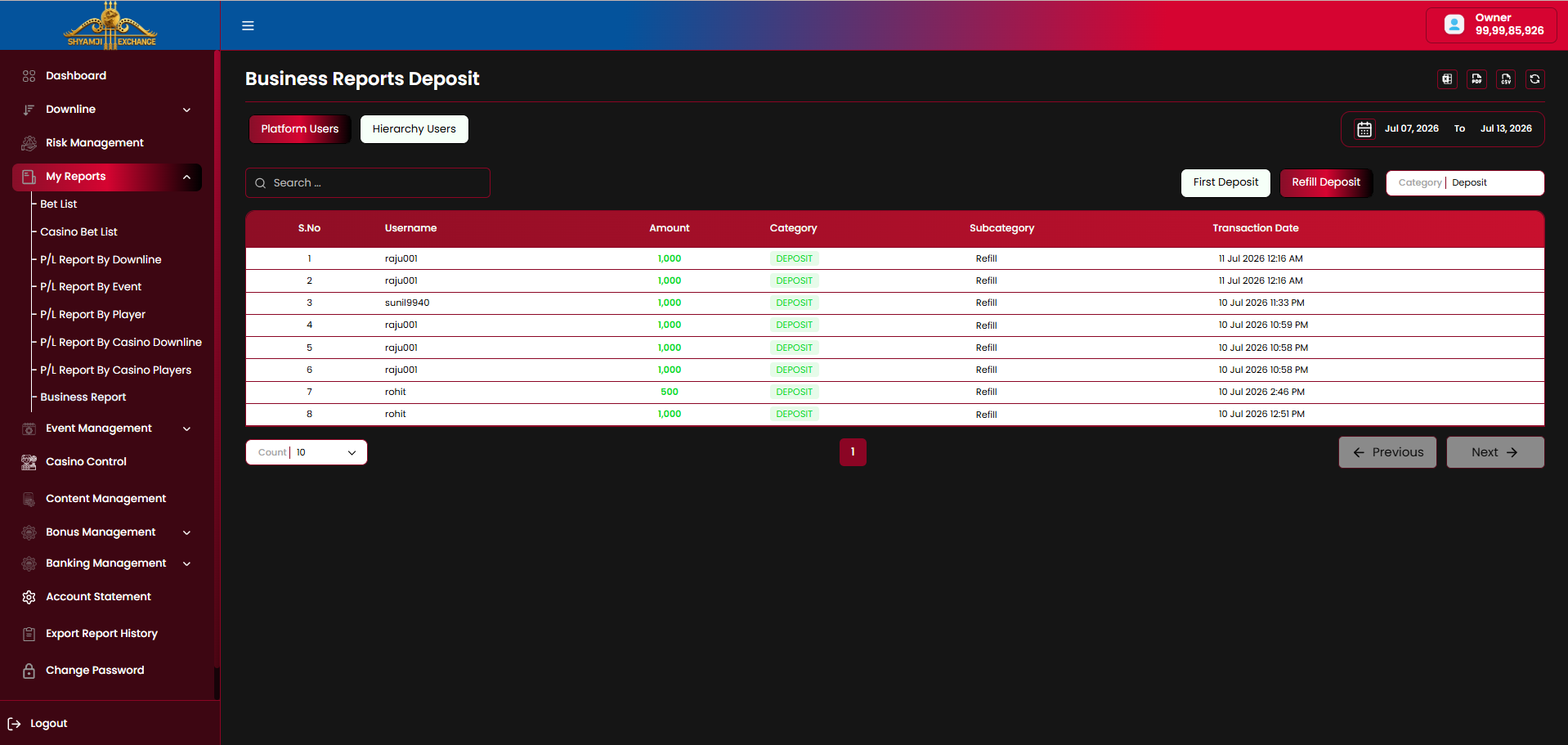 Business Report Deposit — Refill Deposit