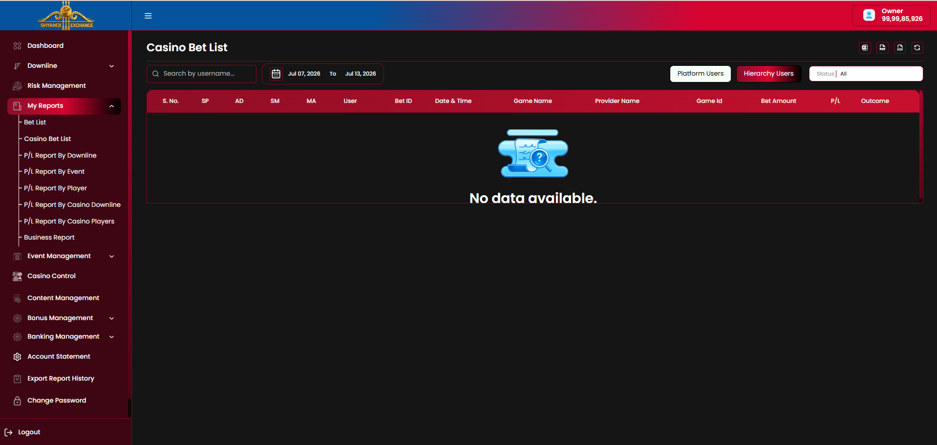 Casino bet list hierarchy view empty state