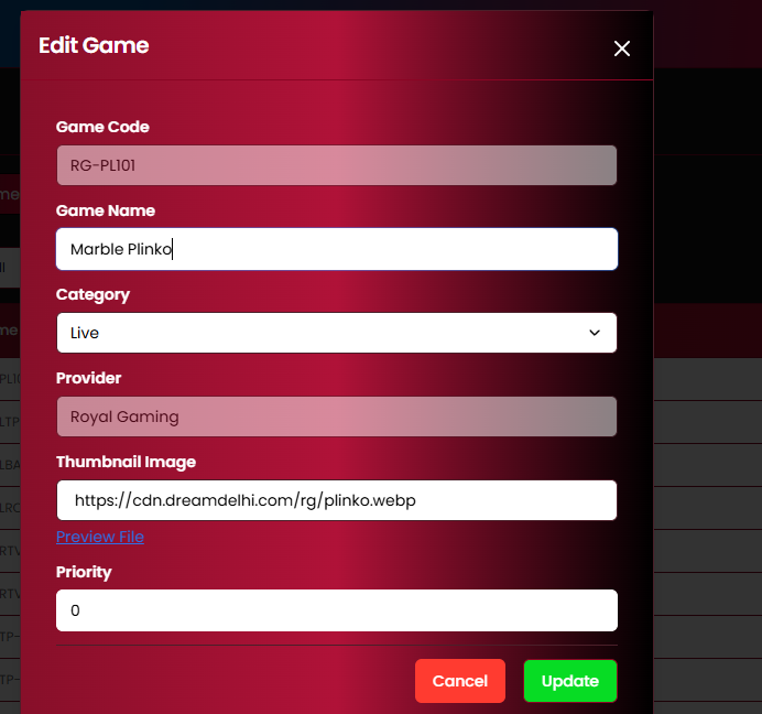 Edit Game modal