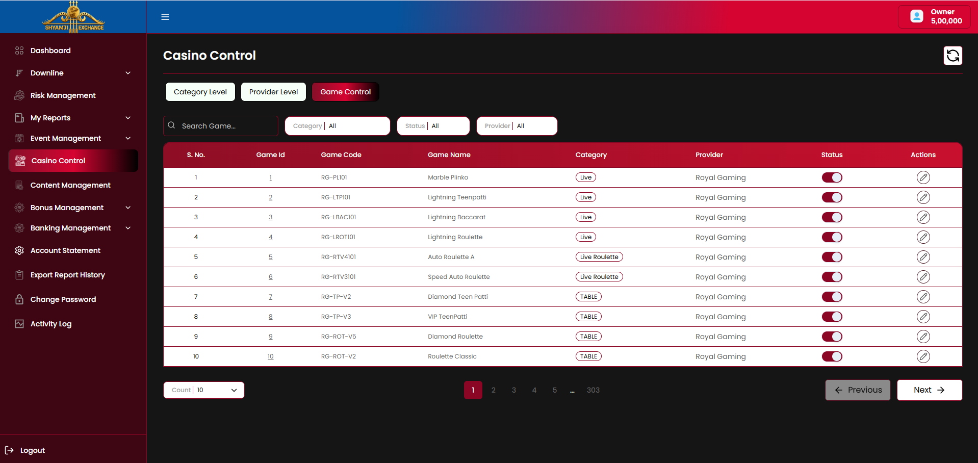 Casino Control — Game Control tab, flat listing