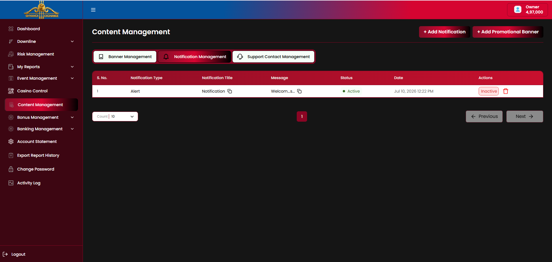 Notification Management tab