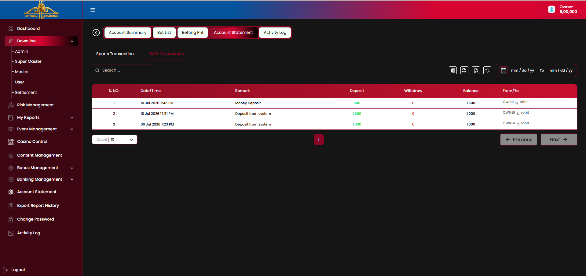End user Account Statement — D/W Transaction tab