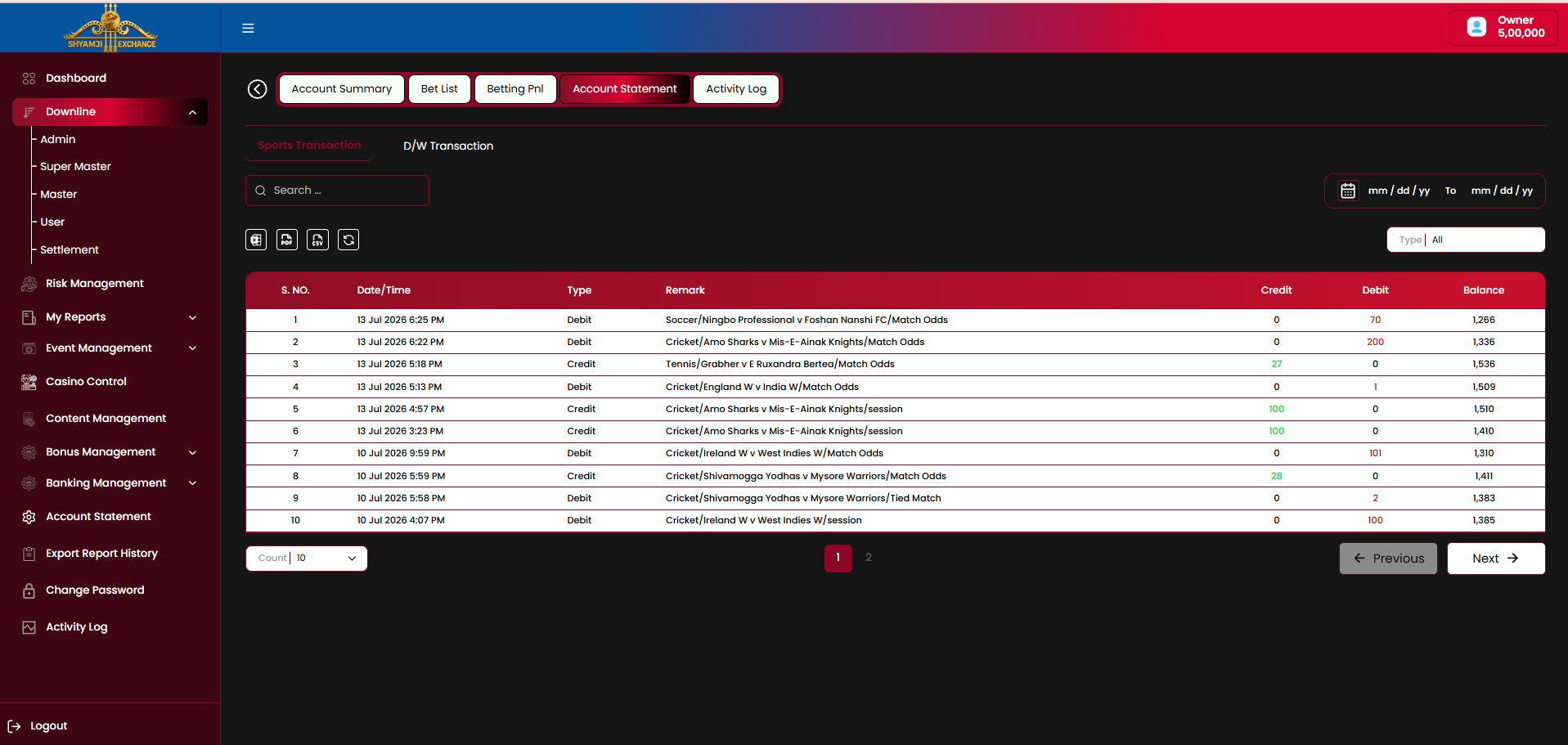 End user Account Statement — Sports Transaction tab