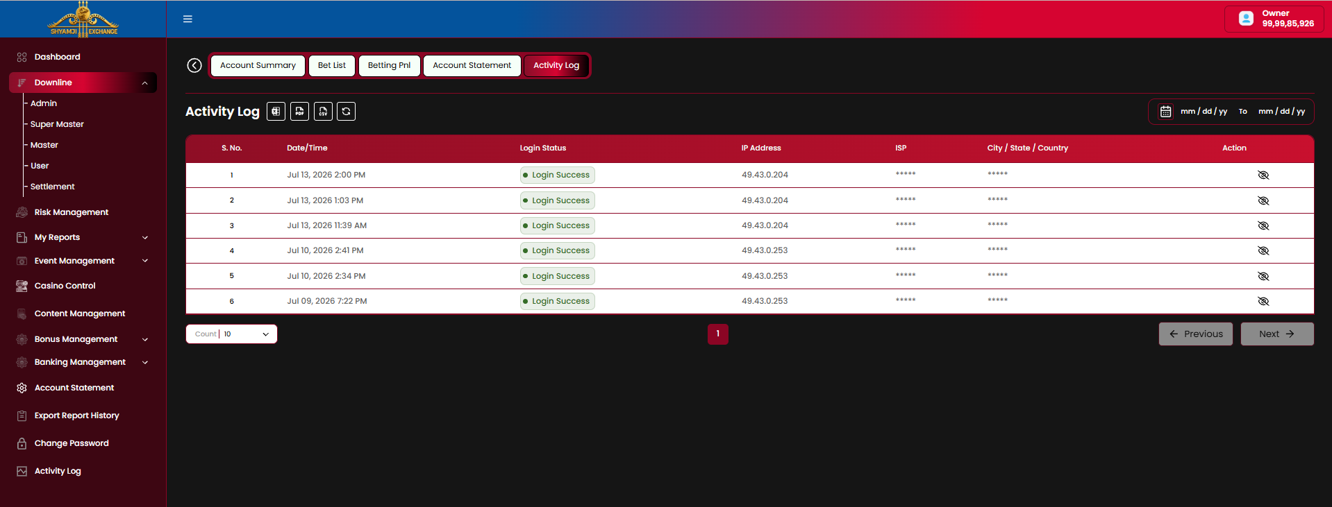 End user profile — Activity Log tab