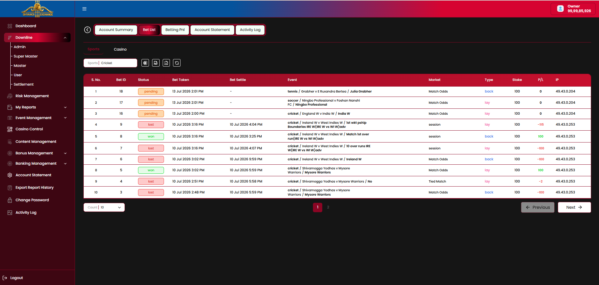 End user profile — Bet List tab
