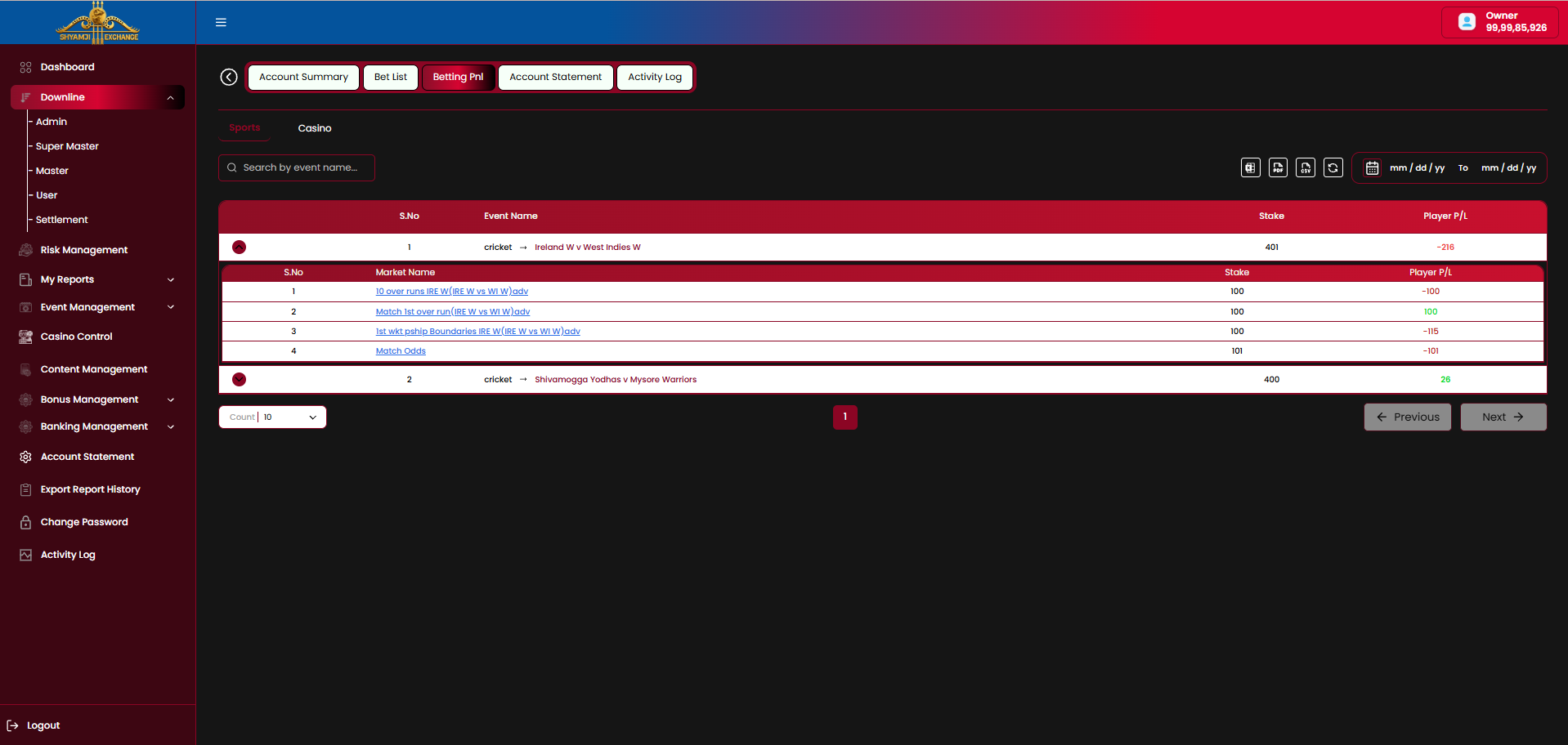 End user profile — Betting Pnl tab