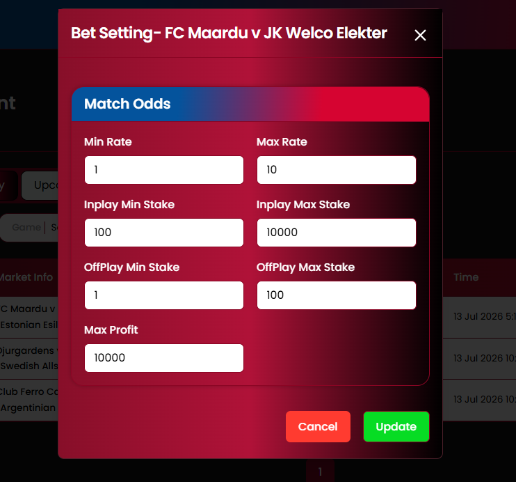 Bet Setting modal for Match Odds
