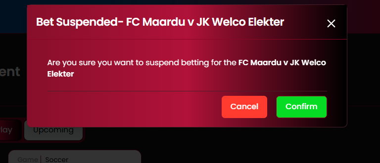Bet Suspended confirmation modal