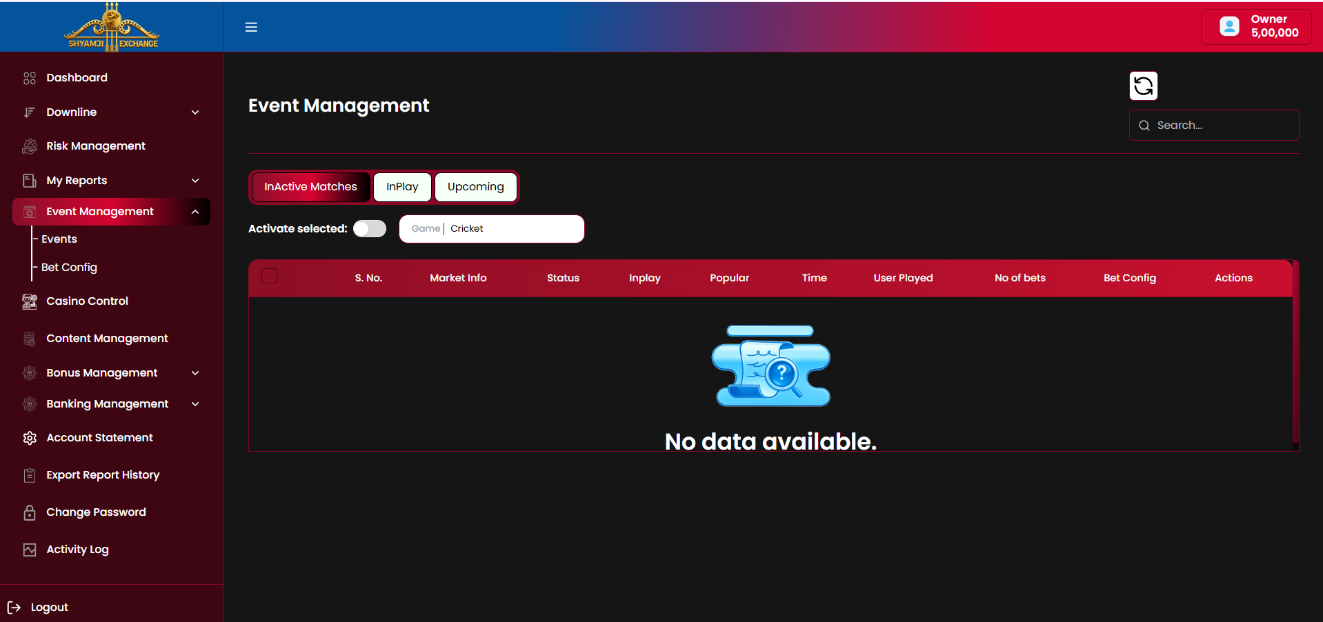 Event Management — InActive Matches tab, empty state