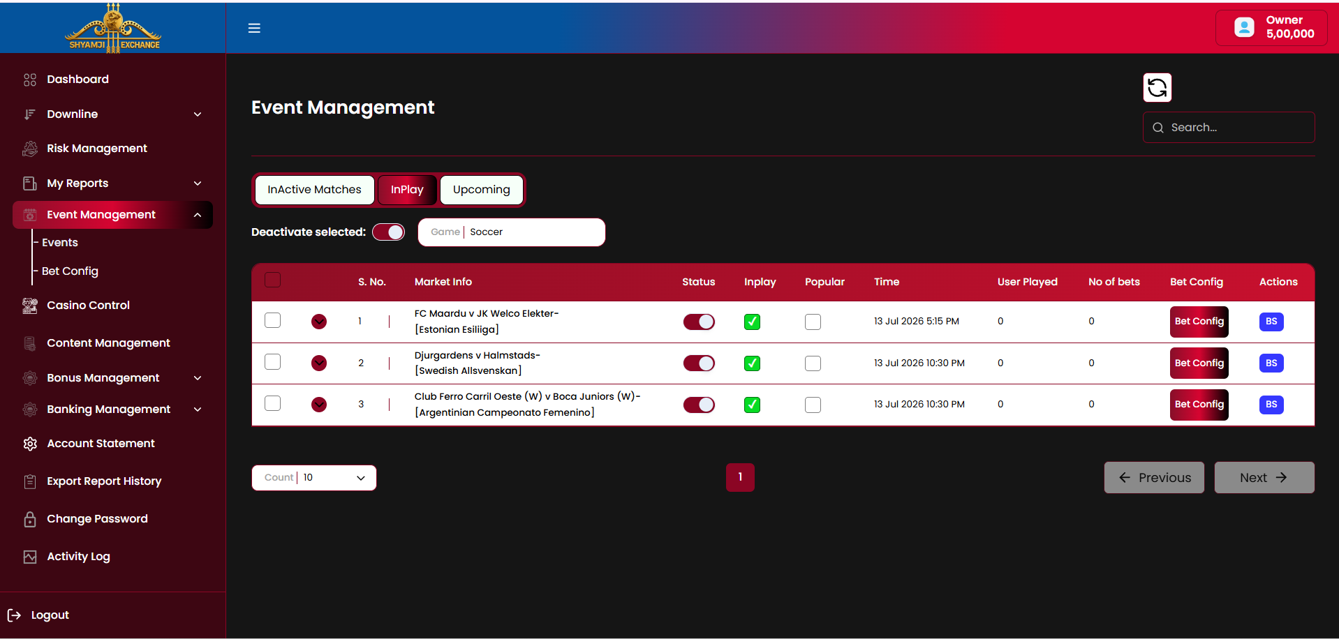 Event Management InPlay tab populated