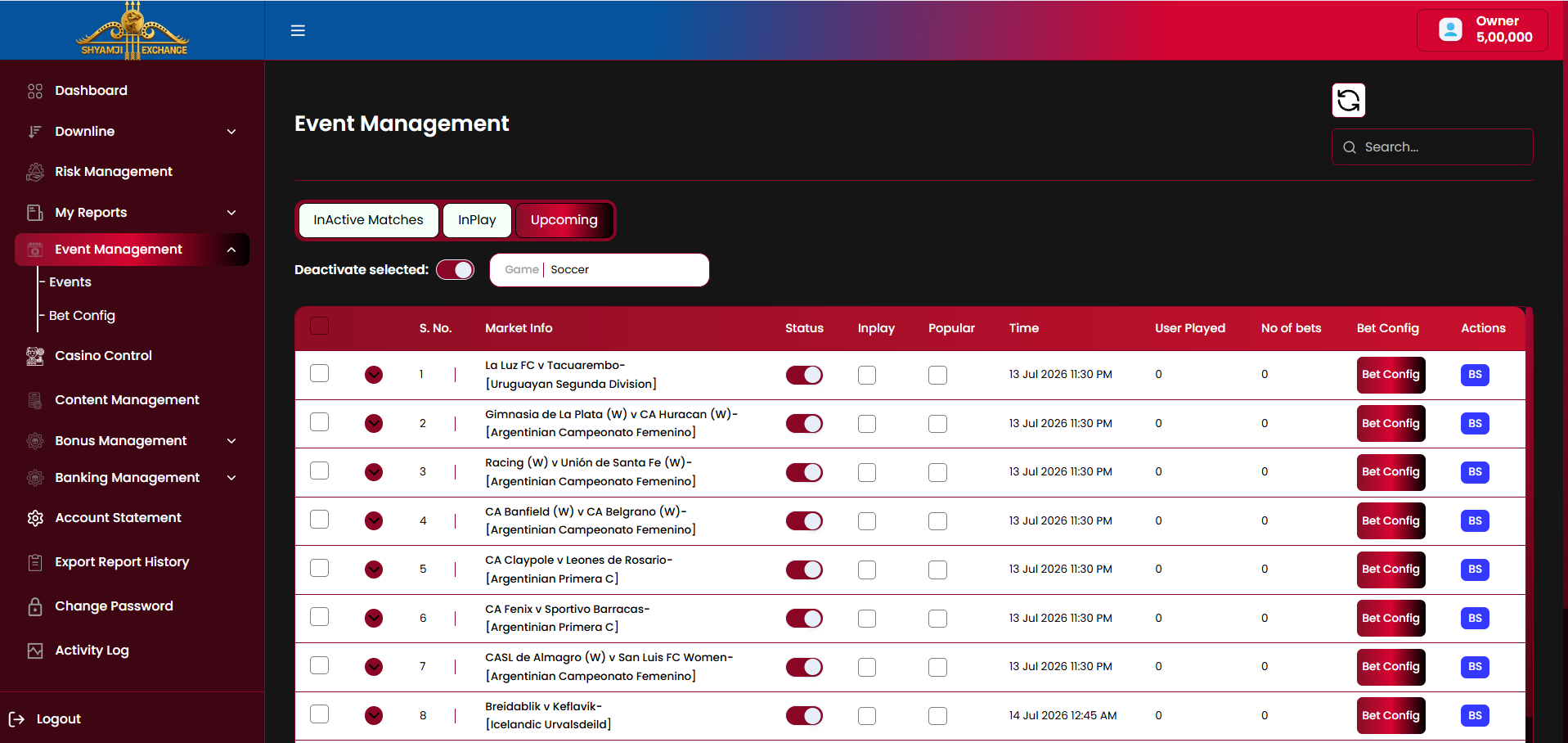 Upcoming tab listing
