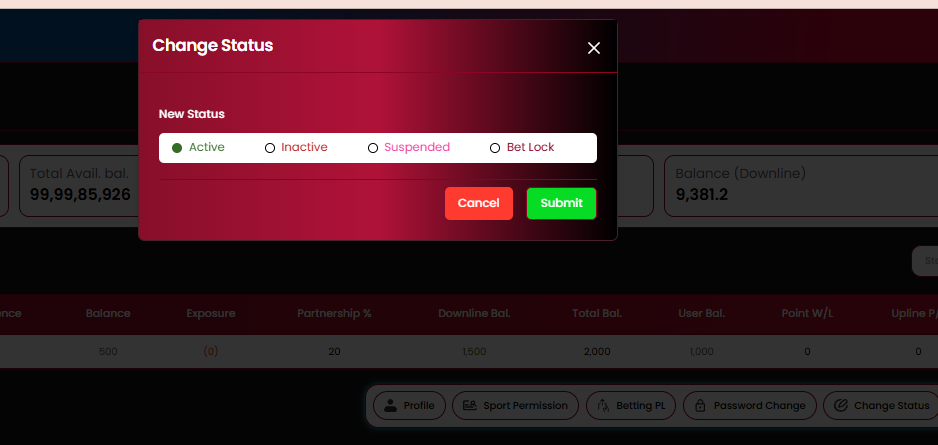Change Status popup