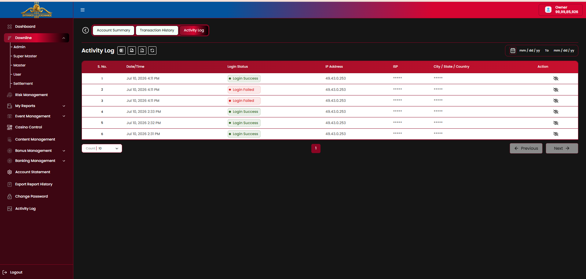 Downline profile — Activity Log tab