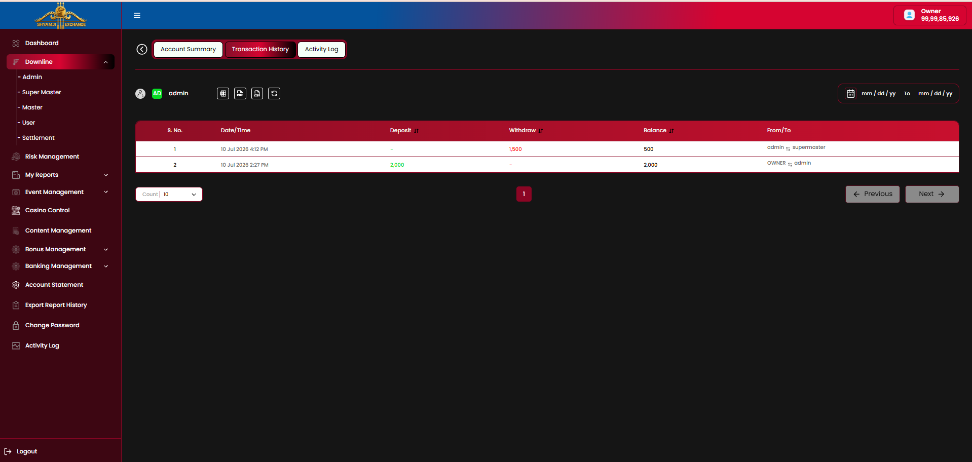 Downline profile — Transaction History tab