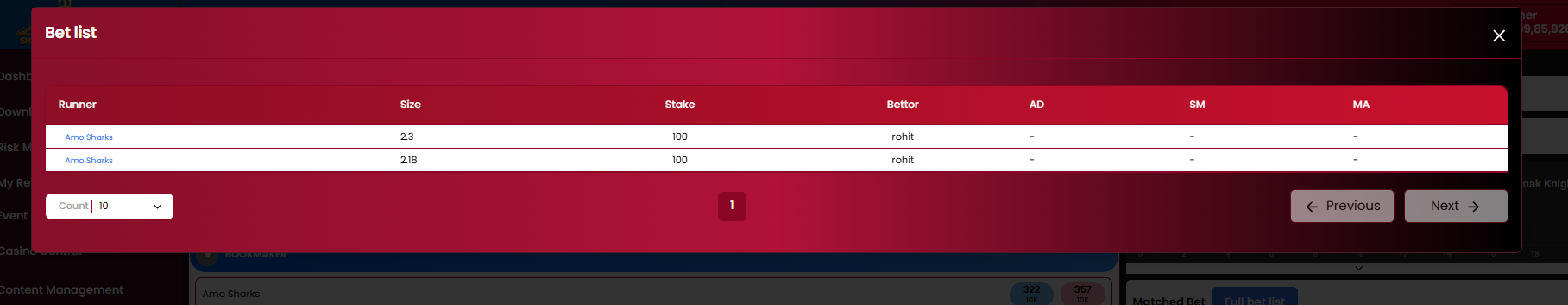 Full bet list modal